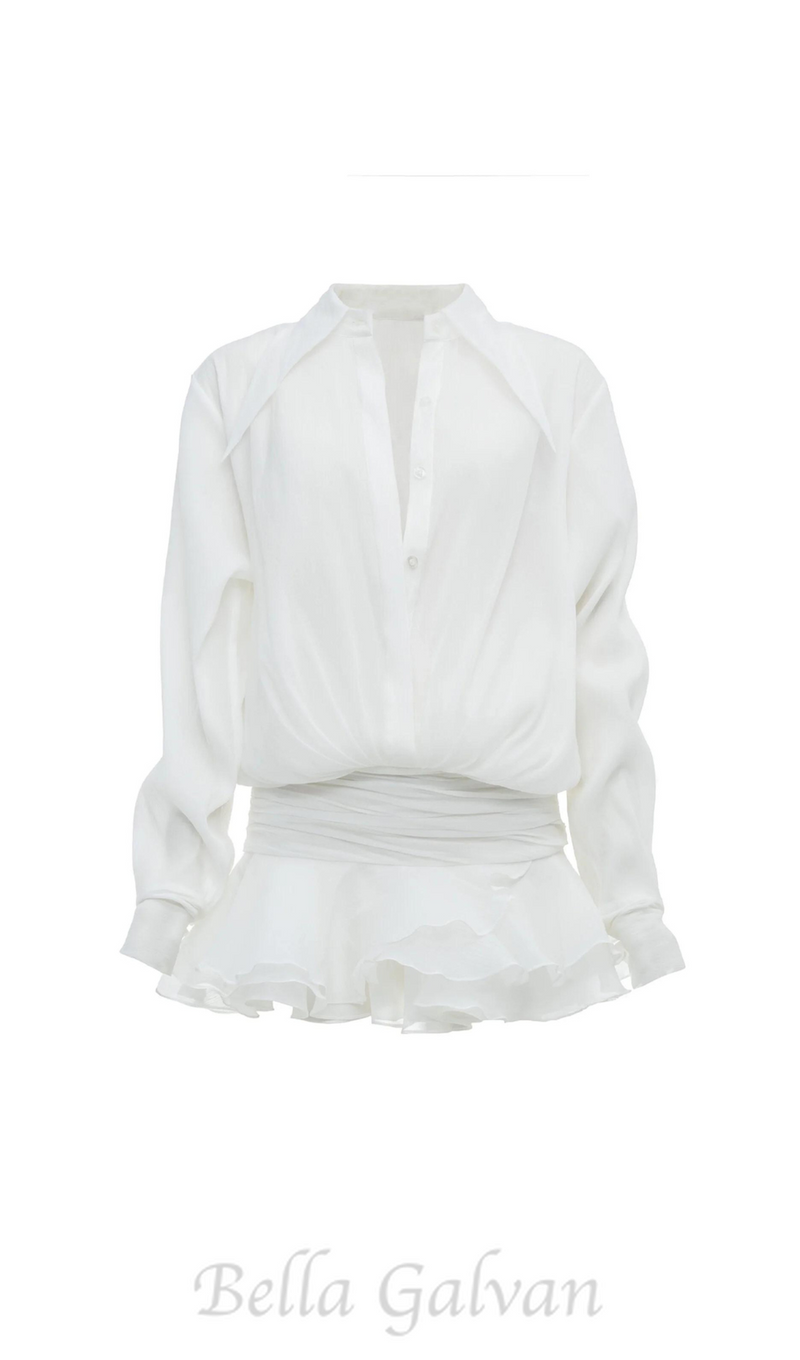 EMBER RUCHED RUFFLE MINI DRESS IN WHITE