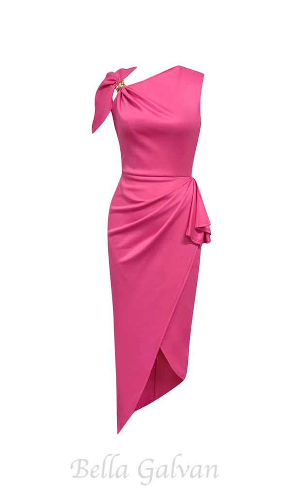 ALANI RUCHED SATIN BODYCON MIDI DRESS IN PINK RED