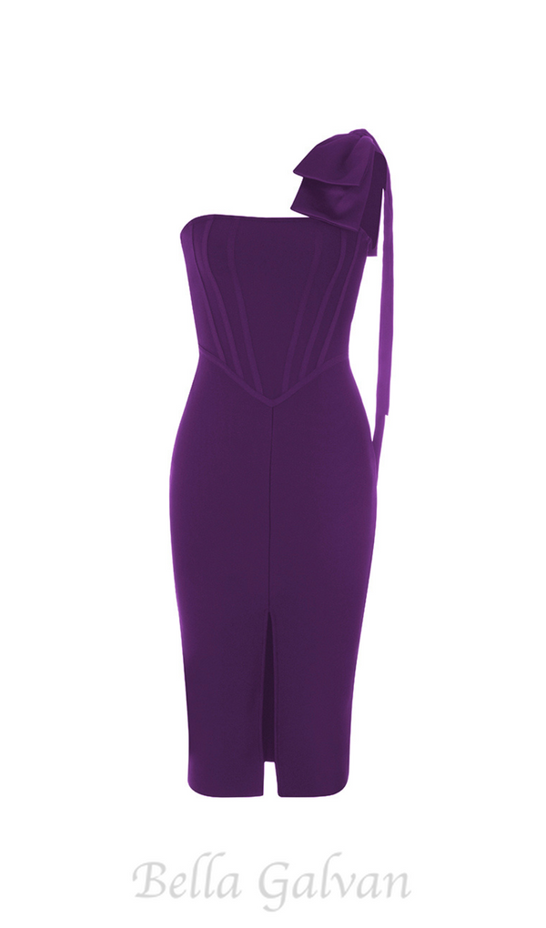 HEDDA TIE SHOULDER SPLIT BANDAGE DRESS IN PURPLE