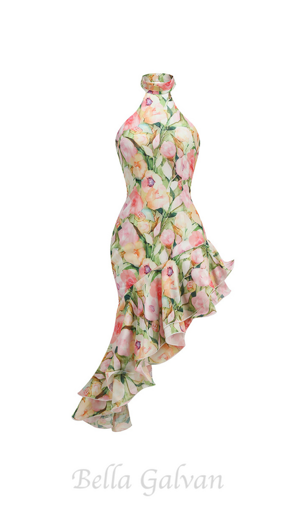 SABINA PINK GREEN ASYMMETRIC FLORAL HALTER MIDI DRESS