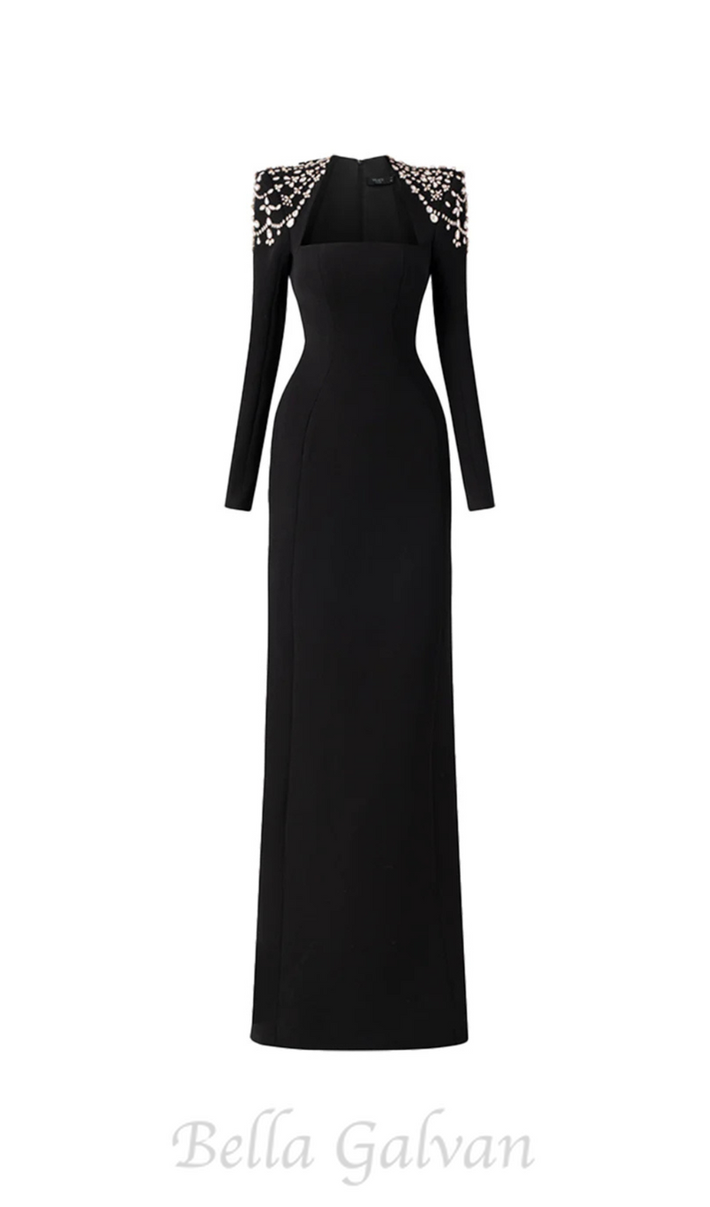 crystal-embellished black long sleeve maxi dress