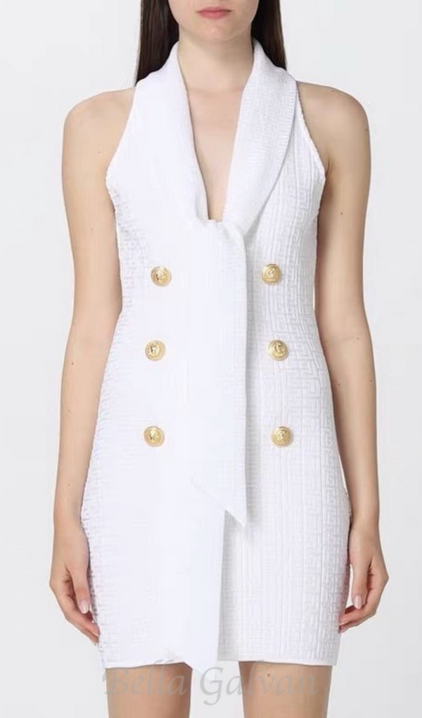 EVELYN JACQUARD MONOGRAM SHAWL-COLLAR MINI DRESS IN WHITE