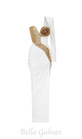 Rose Details High Sut Maxi Dress in gold white