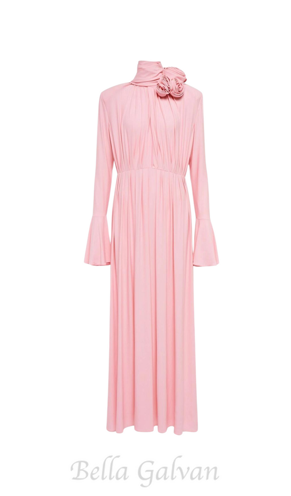 ERIN LANTERN SLEEVE HIGH COLLAR FLOWER SLIT MIDI DRESS IN PINK