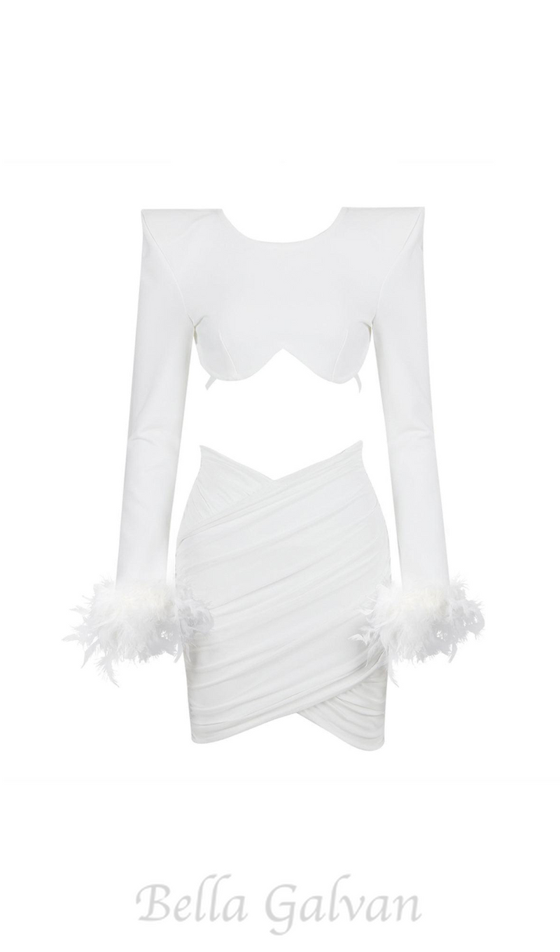 JENNIFER LONG SLEEVE FEATHER MESH BANDAGE SET IN WHITE