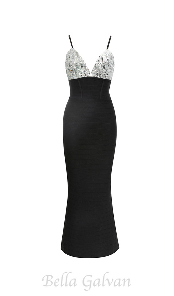 PHOEBE SEQUIN EMBELLISH BACK SPLIT BODYCON MAXI DRESS