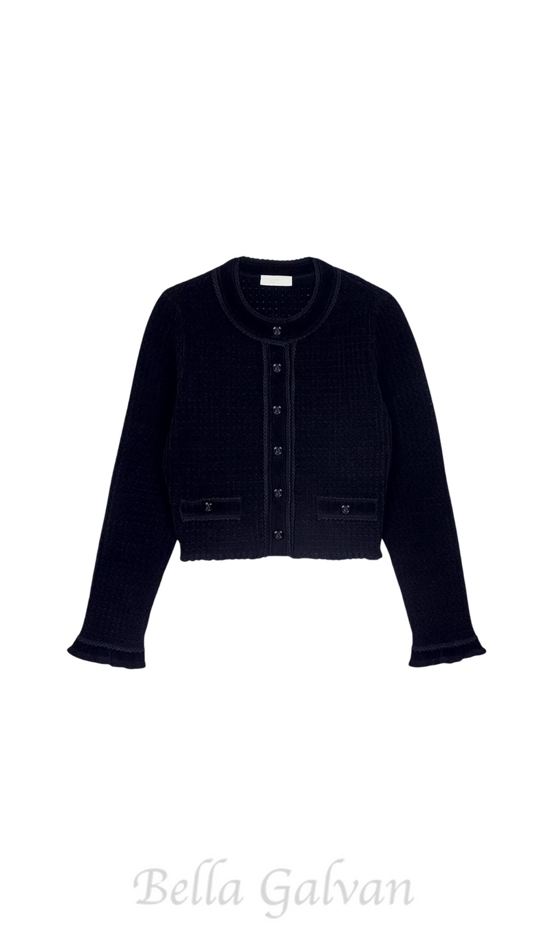 Velvet-texture cropped knitted cardigan in noir