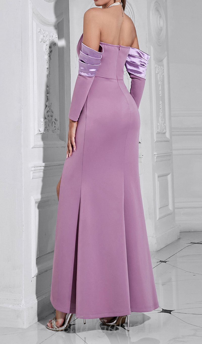 CHARLOTTE OFF-SHOULDER PEARL HALTER  MAXI DRESS IN PURPLE