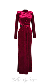 Velvet High Neck Hollow Waist maxi Dress in burgundy