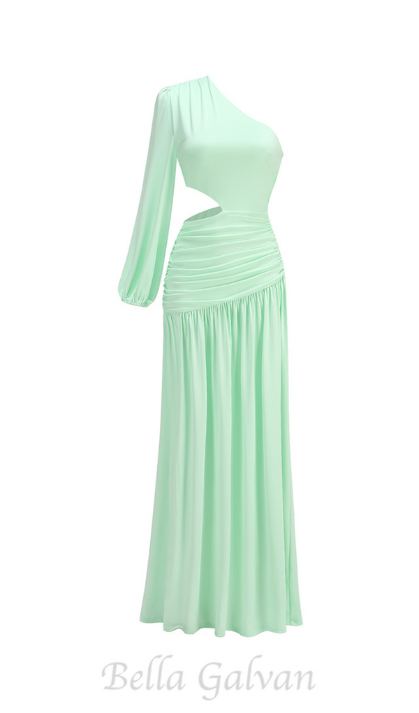 BERYL ONE SLEEVE CUTOUT RUCHED MAXI DRESS IN GREEN