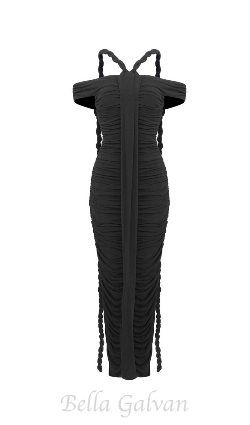 cara black off-shoulder ruched bodycon maxi dress with rope embellished