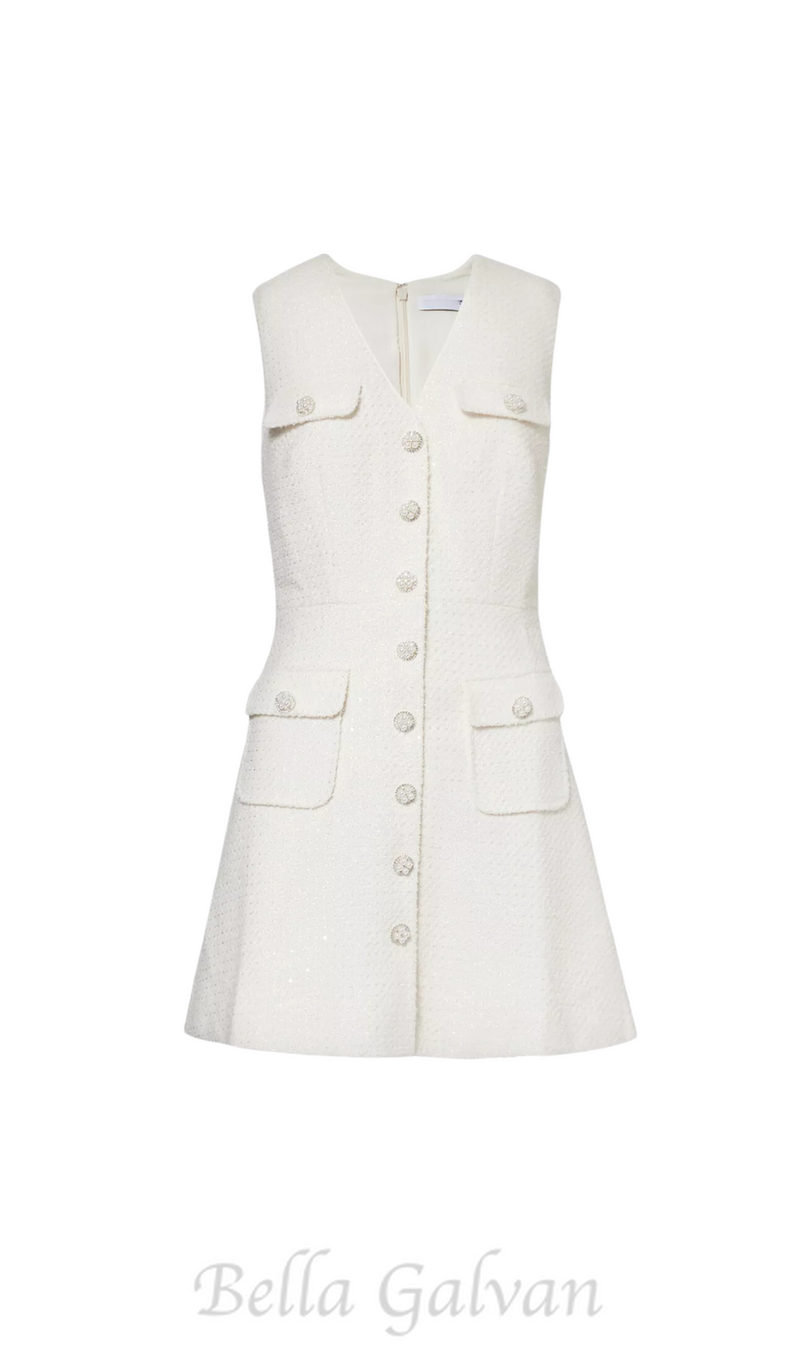 Bouclé pearl-buttons knitted mini dress in white