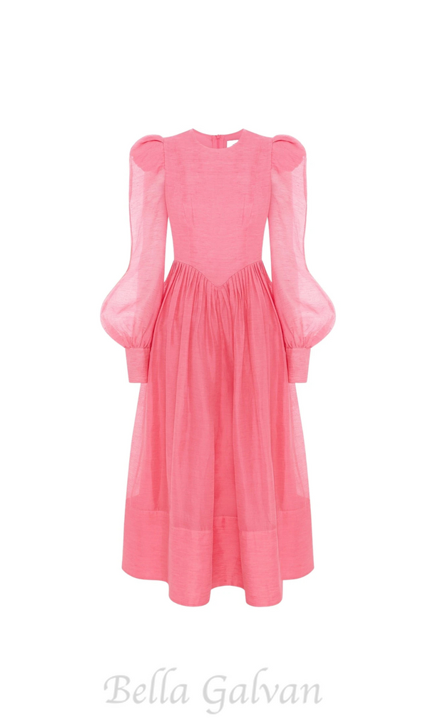 DELIA PINK LANTERN SLEEVE ROUND NECK MIDI DRESS