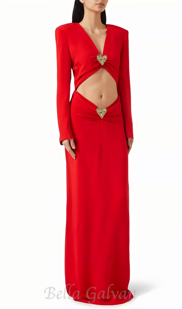 long sleeve heart cutout maxi dress in red