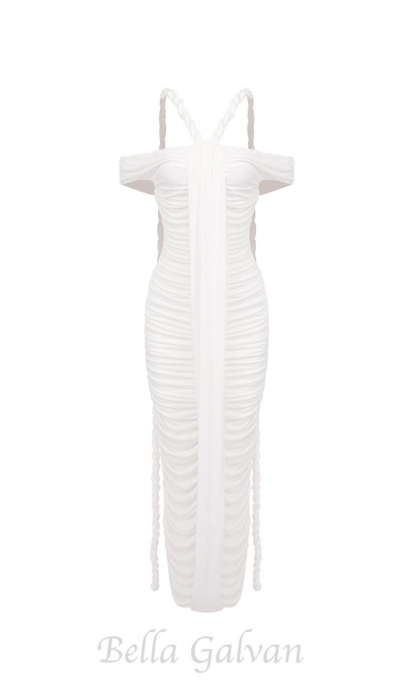 cara white off-shoulder ruched bodycon maxi dress with rope embellished