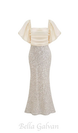 MARIA APRICOT BOW SEQUINS EMBELLISHED MAXI DRESS