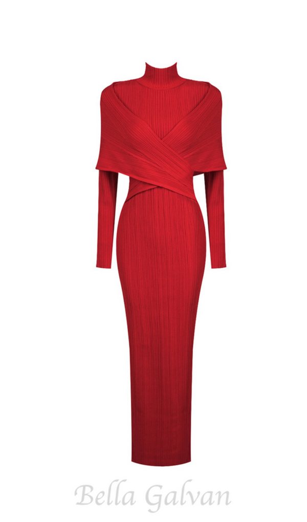 long sleeve pleated knit maxi dress in red