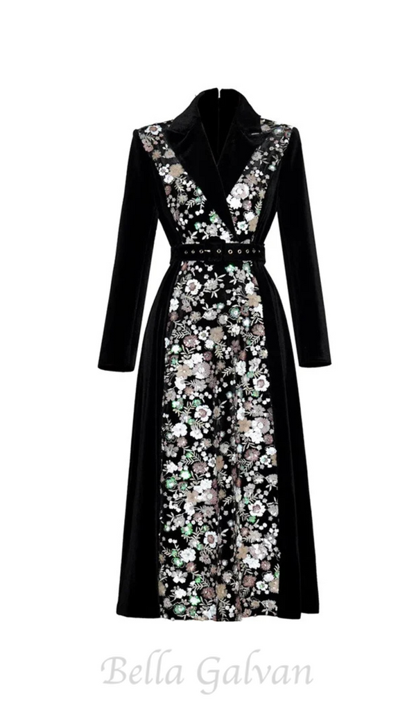 Sequin Embroidered Velvet midi Dress in black