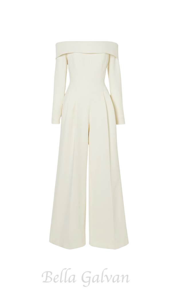 Vesper off-the-shoulder crepe jumpsuit in ivory