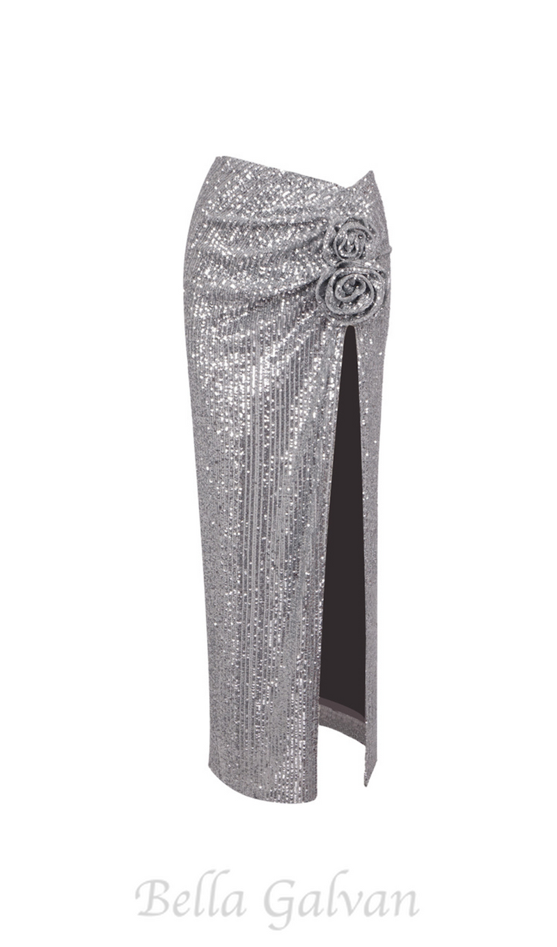 ELVIRA FLORAL-APPLIQUÉ SEQUINED MAXI SKIRT IN SLIVER