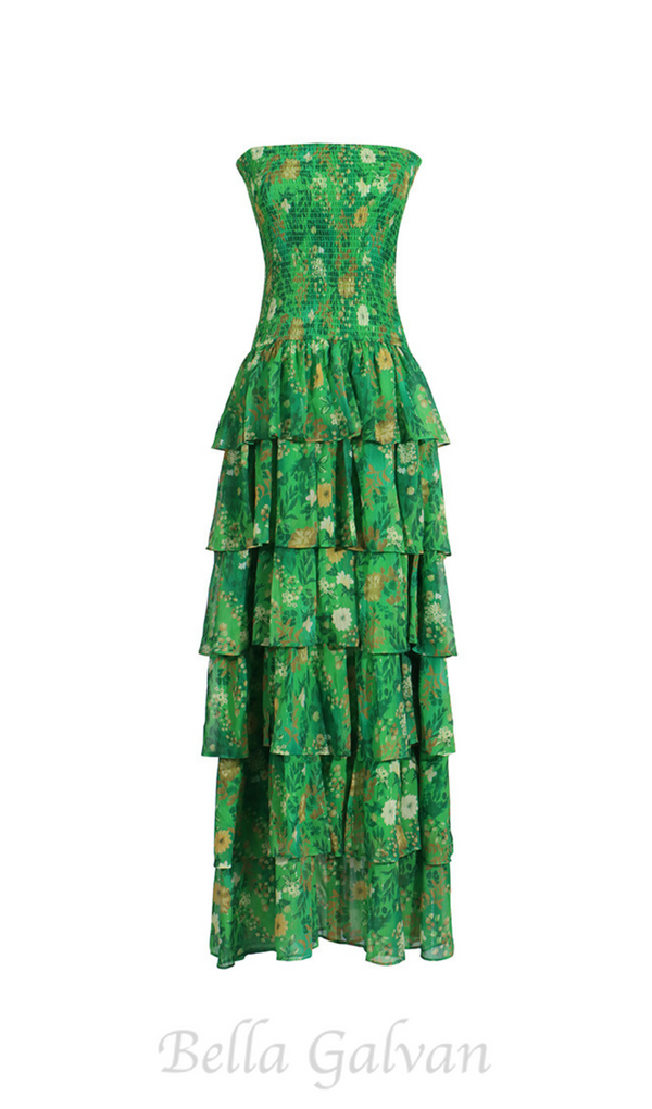 STRAPLESS LAYERED BANDEAU FLORAL PRINT MAXI DRESS IN GREEN