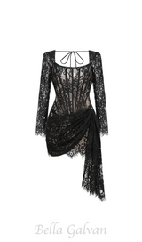 long sleeve lace corset draped mini dress in black