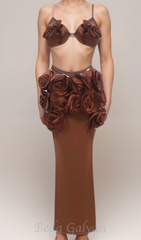 EVANGELINE 3D FLOWER CROP TOP SKIRT SET IN BROWN