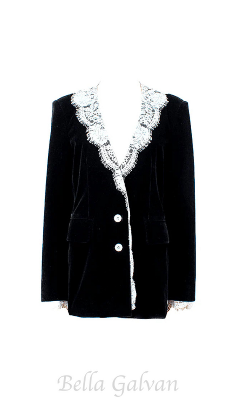 lace-neck velvet blazer in black