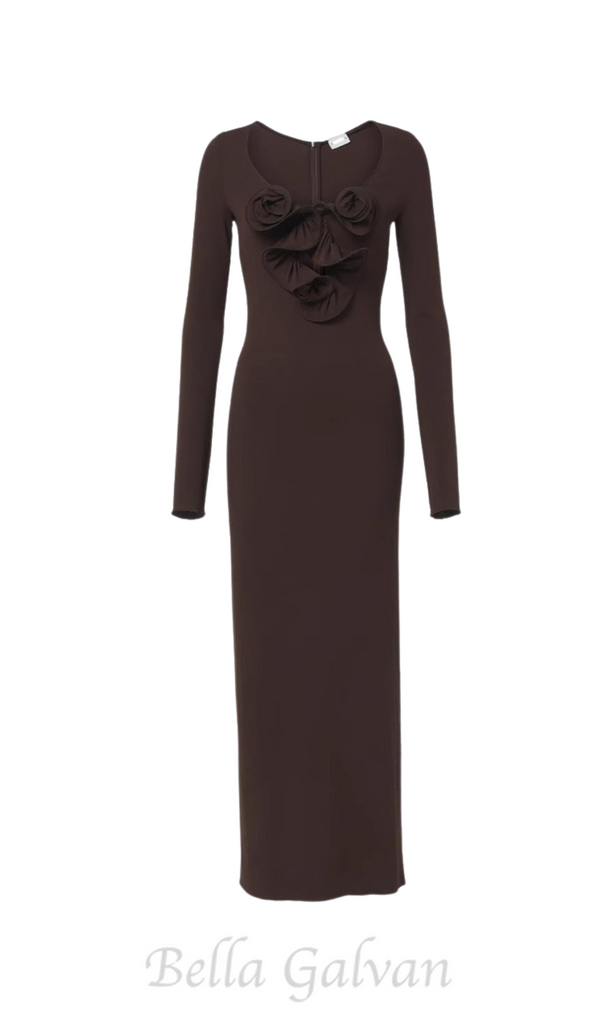 Floral-appliqué jersey maxi dress in brown