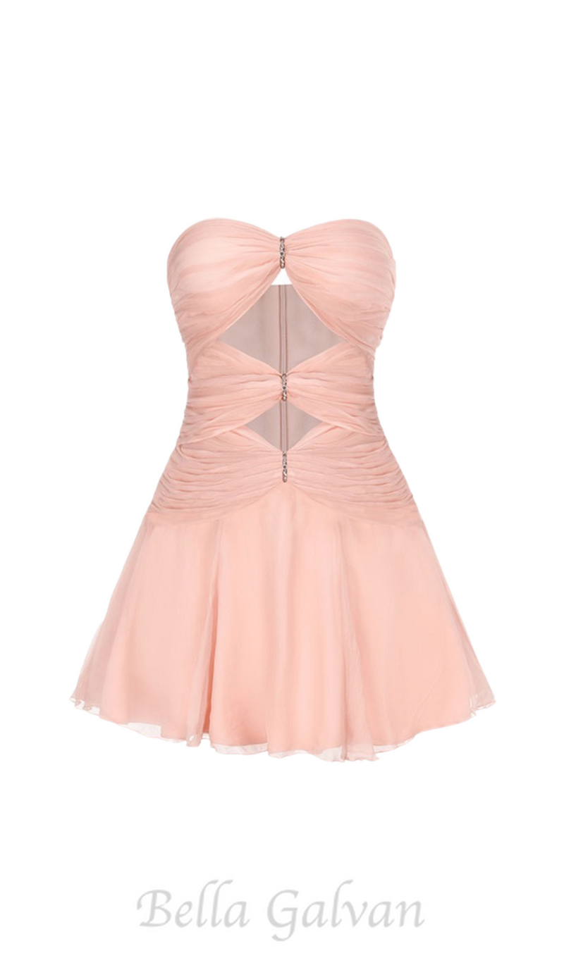 CUT-OUT PLEATED OFF-SHOULDER MINI DRESS IN PINK