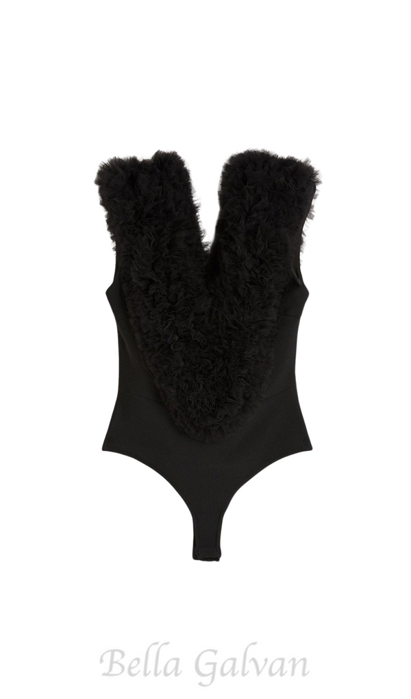 MIRANDA BLACK BANDAGE FIGURE FORM KNIT FLOWER DETAIL BODYSUIT