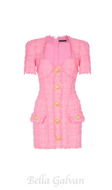 SELENA PINK TWEED MINI DRESS WITH 7-BUTTONS