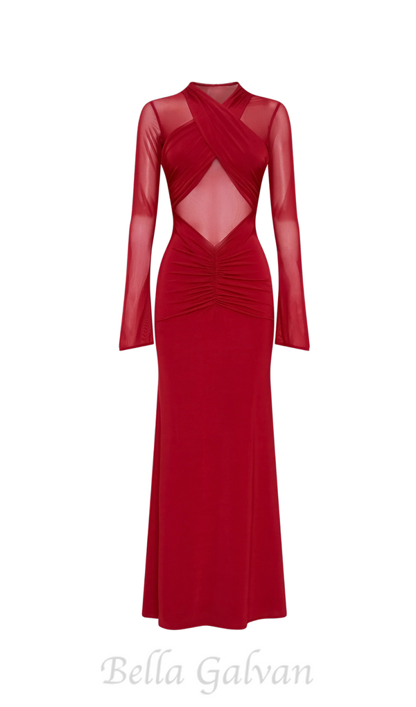 Slinky Mesh Long Sleeve Maxi Dress in Ruby