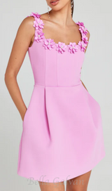 3D FLOWER NECK MINI DRESS IN PINK