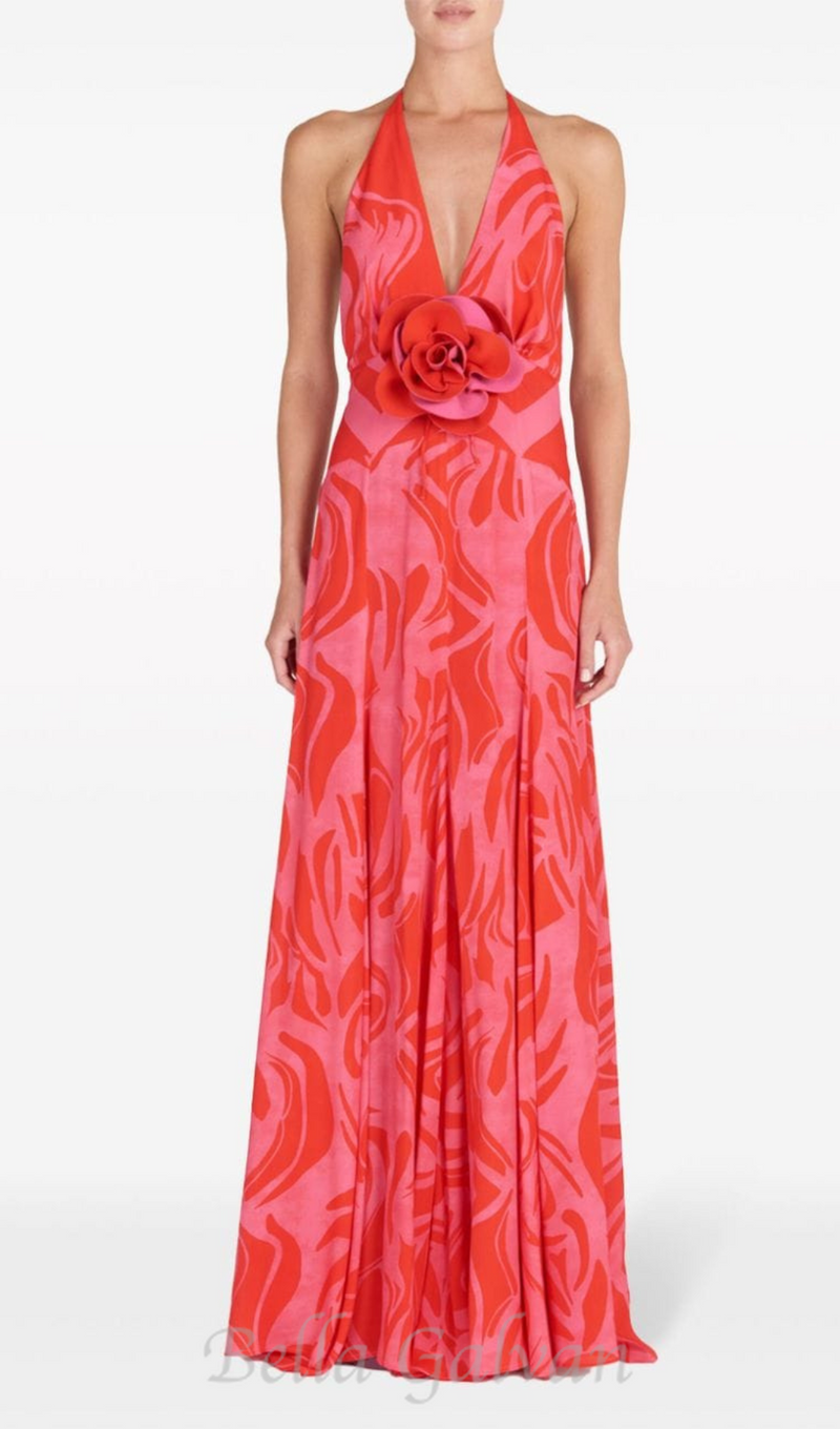 ALISON FLOWER DETAIL HALTERNECK MAXI DRESS IN BRIGHT RED