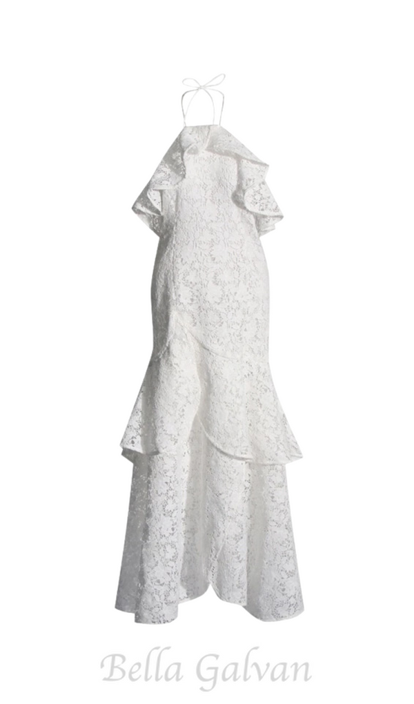 LYNN GARDENIA GUIPURE LACE RUFFLE GOWN IN WHITE