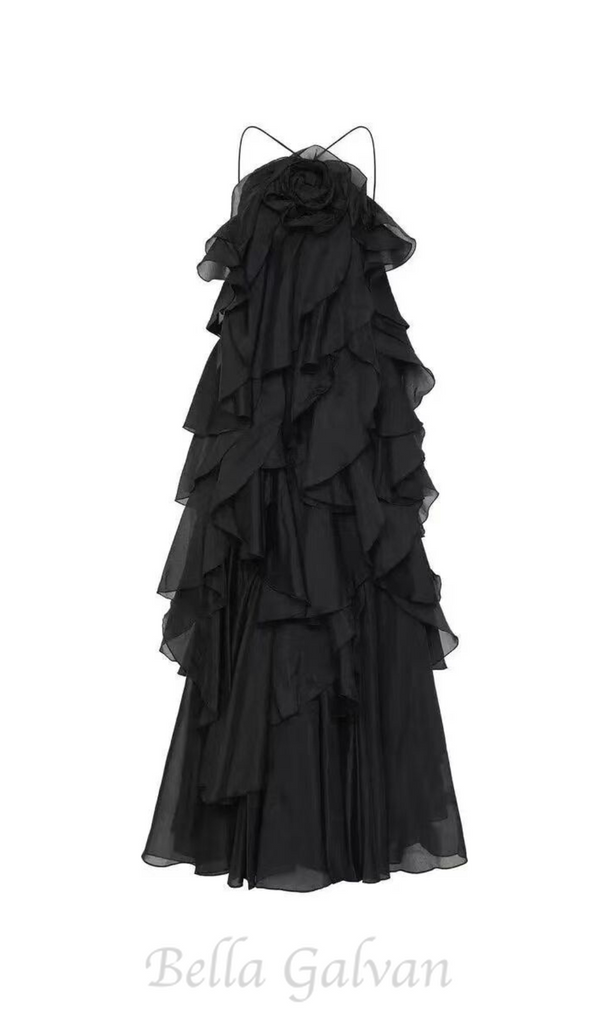 halterneck flounced maxi dress in black