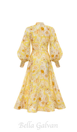 SIGRID YELLOW BUTTERCUP JASMINE LANTERN SLEEVE MIDI DRESS