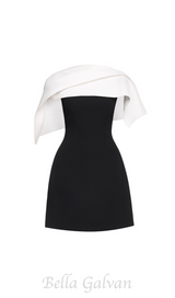 A-line black mini dress with asymmetrical shoulder pleat