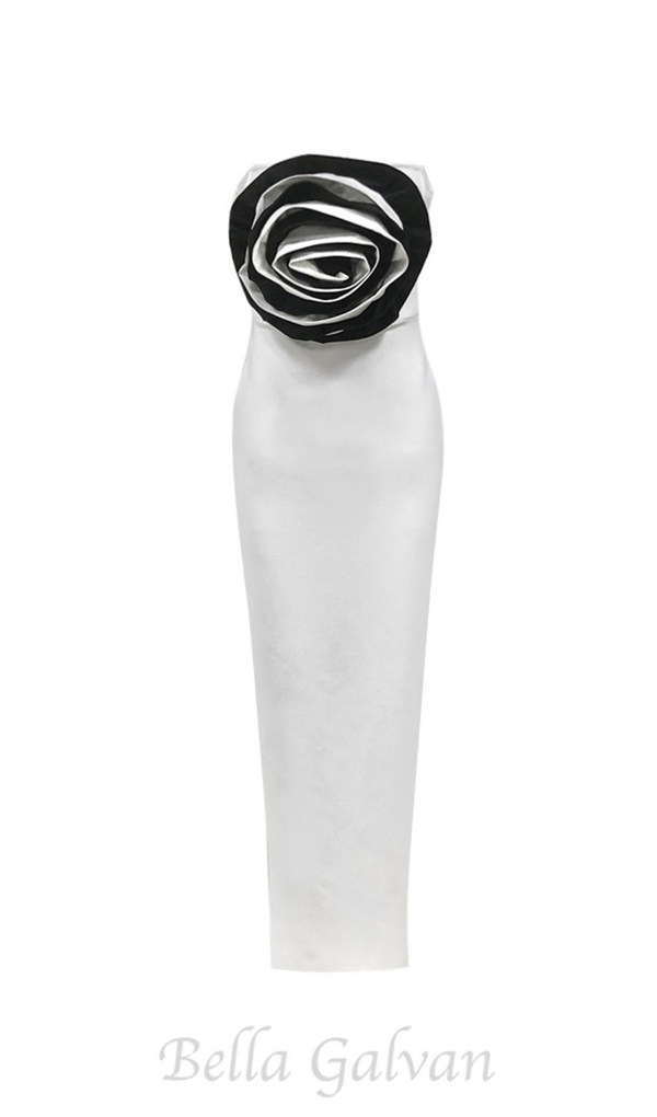 ELLEN 3D FLOWER STRAPLESS BODYCON MAXI DRESS IN WHITE