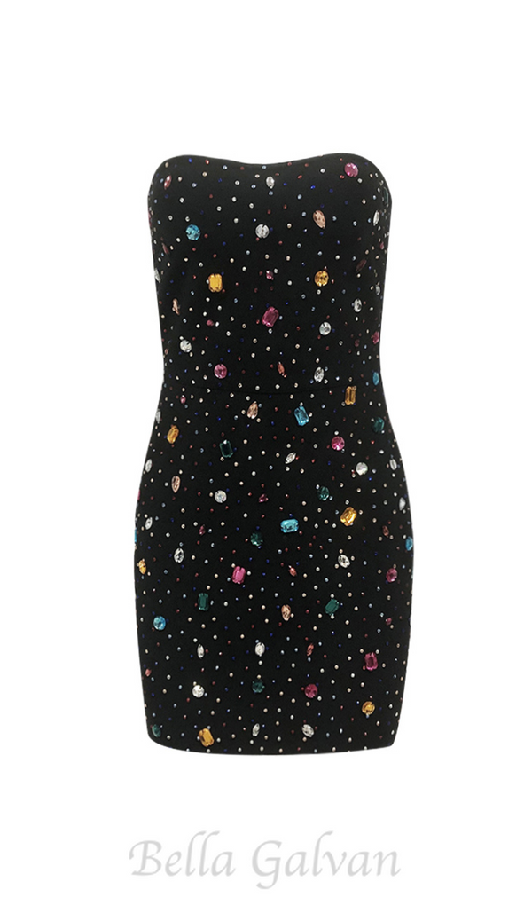 multicolor-crystal embellished black strapless mini dress