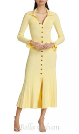 Rib-Knit Fluted Midi Shirt dress in yellow