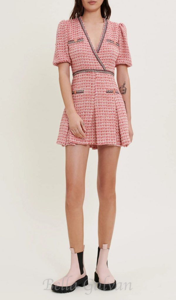 Tweed dress with ethnic trim in pink