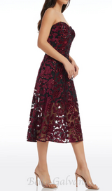 floral print strapless bustier midi dress in burgundy