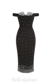 pearl polka dots embellished midi dress in black