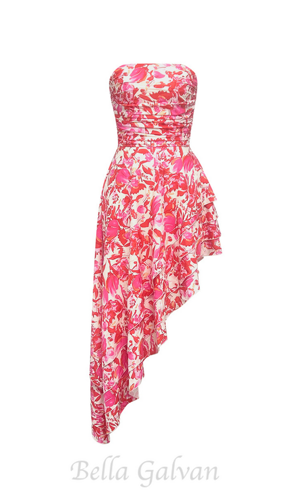 FLORAL STRAPLESS RUFFLE MIDI DRESS IN RED PINK