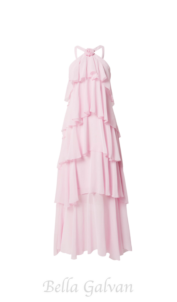 layer-embellished Neckholder maxi dress in pink