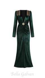 PHILIPPPA VELVET TASSEL V-NECK MAXI DRESS IN GREEN