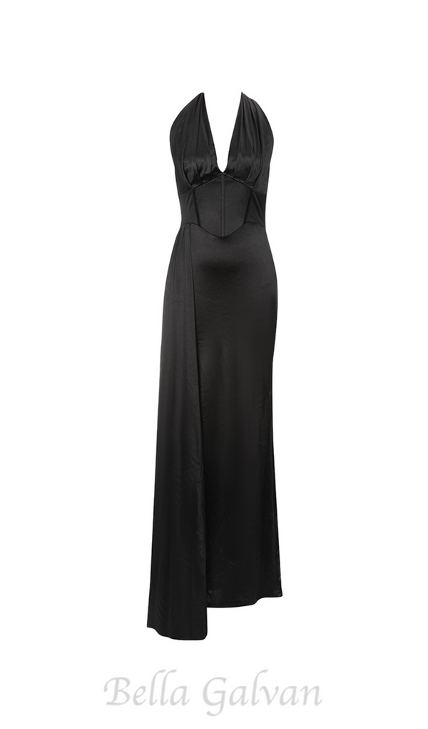 AGNES HALTER DRAPE HIGH SLIT MAXI DRESS IN BLACK