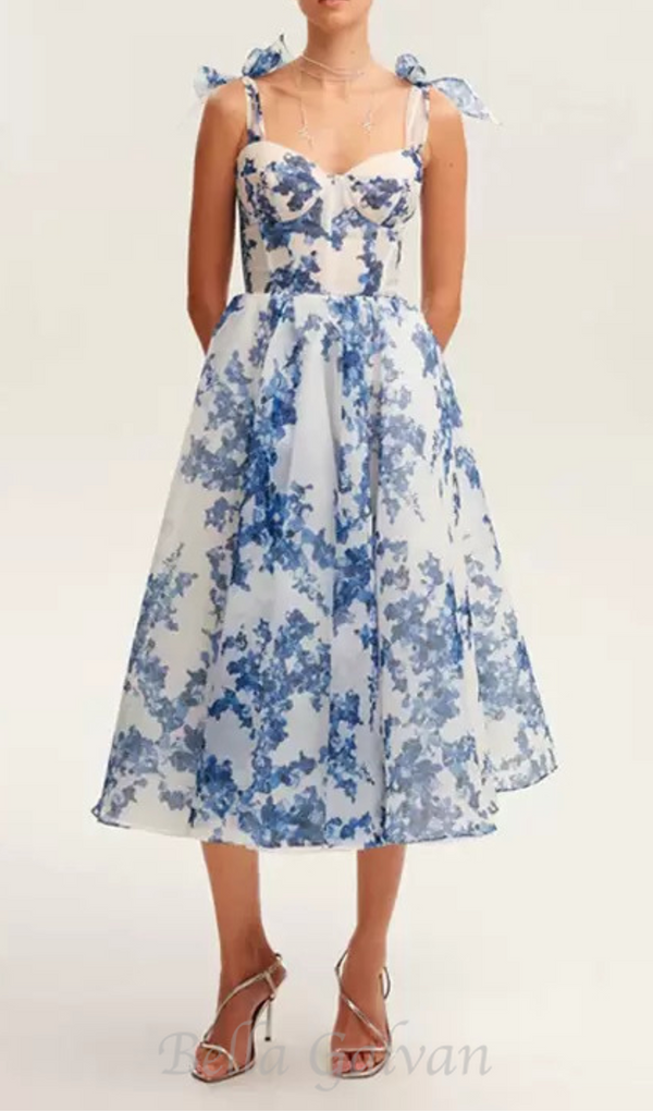 PRIMA PALE BLUE FLORAL A-LINE STRAP MIDI DRESS